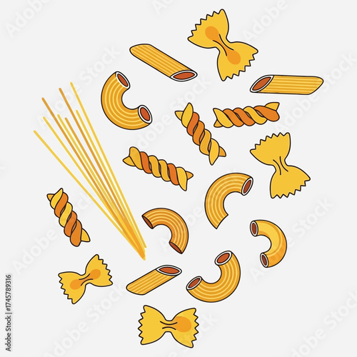 Colorful assortment of different pasta shapes including spaghetti, penne, and fusilli. Vector food ingredients for cooking