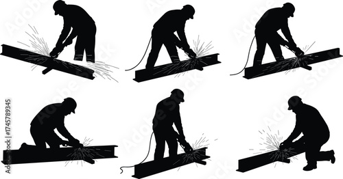 Industrial workers, metal grinding, sparks flying, power tools, safety gear, construction site, welding silhouettes, manufacturing labor, steel cutting, protective equipment