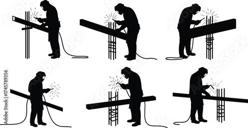 Industrial welder silhouettes working with steel beams, construction worker welding metal structures, fabrication process, engineering industry, occupational safety, sparks, teamwork