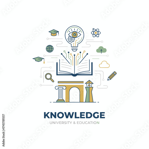 A contemporary minimalist line design for the KNOWLEDGE website banner, featuring a vector illustration tailored for university and educational contexts
