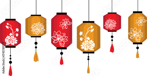 hanging chinese red gold lanterns set traditional floral pattern vector illustration asian holiday celebration new year festival design element