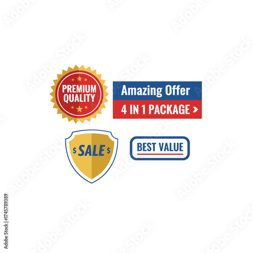 A collection of labels, banners, stickers, badges, and other elements available for purchase, featuring premium quality—an incredible deal: a 4‑in‑1 bundle
