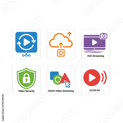 A Material Design icon set tailored for social media video, cloud recording, VOD streaming, video security, and online video streaming, plus a UI/UX kit for web design, applications, mobile