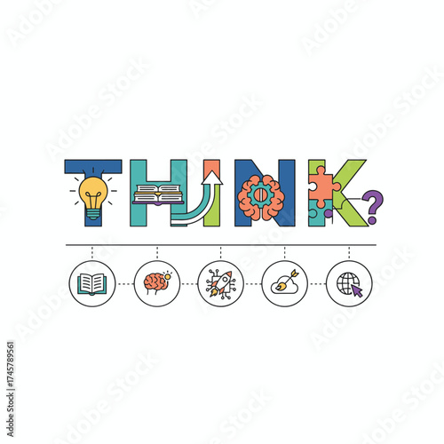 A minimalist flat‑design banner featuring the word THINK, tailored for web and mobile pages, emphasizing learning, knowledge, innovation, creativity, and solutions, rendered in modern vector