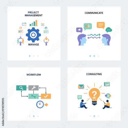 A collection of web page design templates tailored for project management, business communication, workflow, and consulting, featuring contemporary vector illustration concepts for both website and