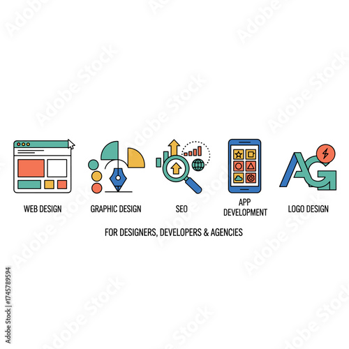 Flat design ideas covering web design, graphic design, SEO, app development, and logo creation, along with concepts for website banners and printed materials tailored for designers, web developers