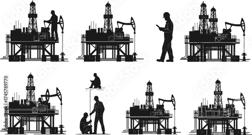 Oil rig silhouettes, industrial workers, pumpjack operations, petroleum extraction, black vector icons, energy industry, drilling platform, workforce, machinery, engineering