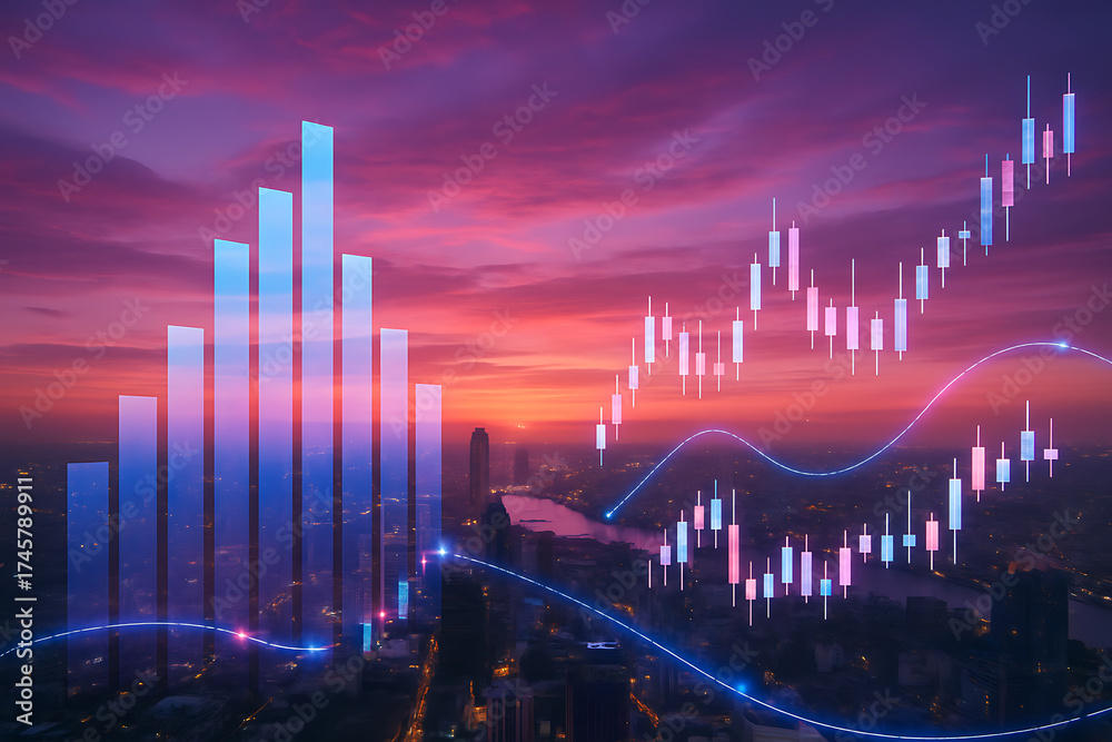 Naklejka premium Futuristic digital chart with glowing candlestick patterns and bar graph overlay on city skyline at sunset representing stock market