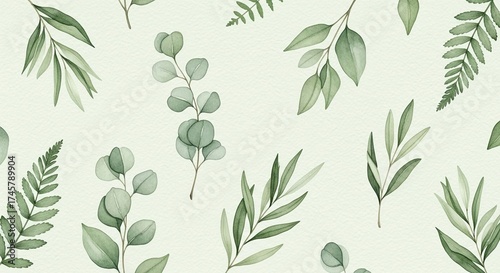 Seamless Botanical Pattern of Green Leaves and Ferns
