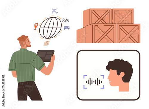 Man holding tablet, globe with delivery icons, stacked boxes, and voice recognition. Ideal for logistics, automation, supply chain, technology efficiency global delivery modern business. Simple