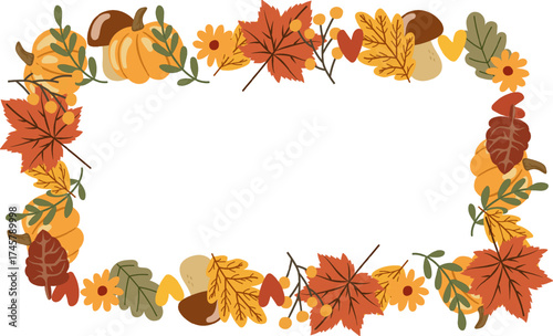Autumn leaves rectangular frame. Square border of hand-doodles, autumn leaves, pumpkin, flowers. arranged in a circle for stickers, banners, cards, announcements. Vector flat isolated on white backgro