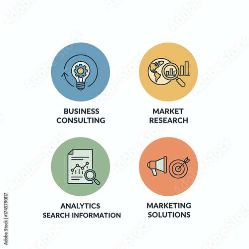 A collection of line-style icons featuring flat design elements, representing business consulting, market research, analytics, search information, and marketing solutions