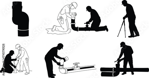 Plumbing workers installing and repairing pipes, silhouette icons showing pipe fitting, valve maintenance, water system, construction, hard hat, tools