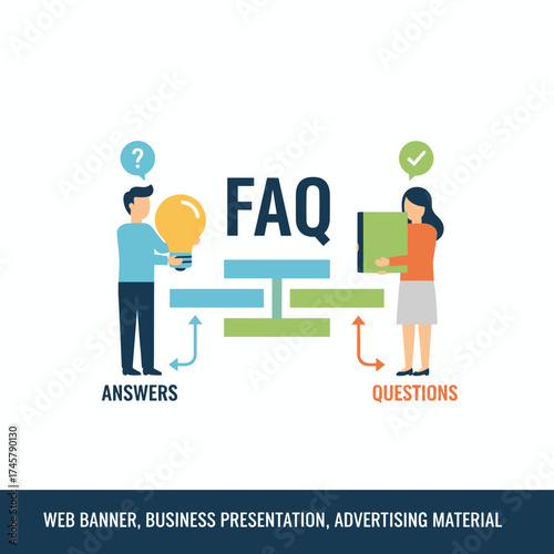 FAQ: A flat design concept featuring business people for answering and questioning, presented as a vector illustration suitable for web banners, business presentations, and advertising materials