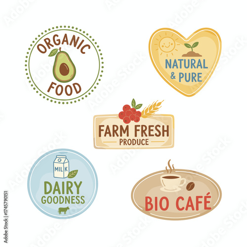 A collection of hand‑drawn watercolor stickers and badges featuring organic food, along with vector illustrations for organic food and drinks, restaurants, and related products