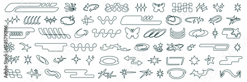 Set of bling Y2K star shape element and symbol icon with a shine. Outline abstract spark of light collection glitter for a vintage twinkle and aesthetic.