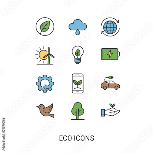 A set of thin‑line icons depicting environment, renewable energy, sustainable technology, and nature life, suitable for websites, mobile sites, and apps, with editable strokes