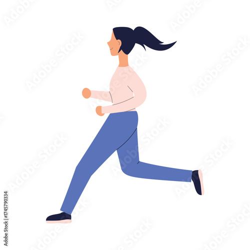 Happy girl dressed in sportswear jogs in order to lead a healthy lifestyle. Cute woman trains or runs. Outdoor sports activity.   Female jogging. Cardio training.Vector