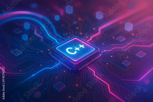 Plakat Glowing microchip with C plus plus programming symbol futuristic digital circuit design representing coding and software technology