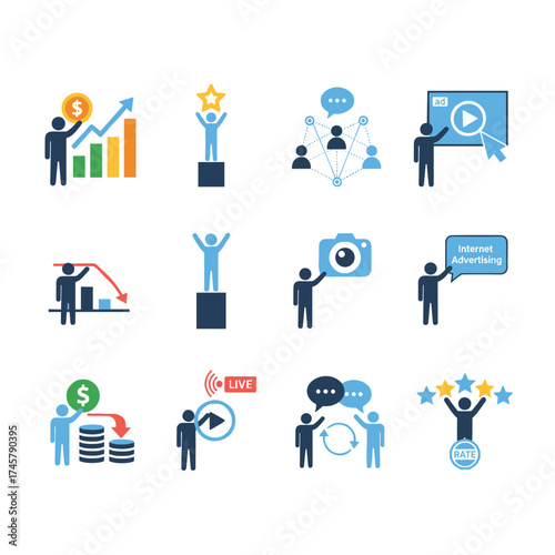A collection of contemporary flat‑style icons depicting people, illustrating concepts such as investment, business success, social networking, online advertising, finance, live streaming