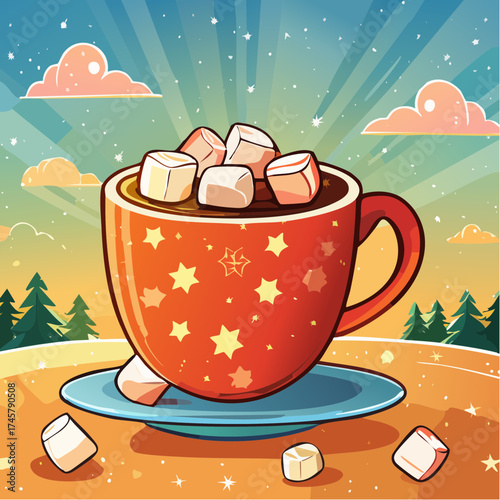 Hot cocoa with marshmallows winter scene