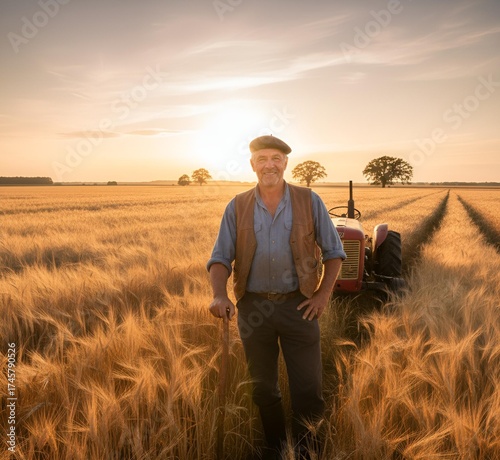 Agriculteur français sur un champ de blé avec son tracteur