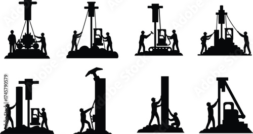 Pile driving, foundation construction, silhouette workers, heavy machinery, manual labor, civil engineering, ground support, industrial process, construction site, equipment operation