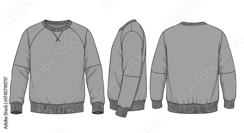 Sweatshirt Design Front, Side, and Back Views - Detailed Apparel Illustration for Fashion Concepts