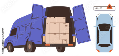 Delivery van loaded with boxes, blue car, and an HTTP alert icon suggesting risks in online shopping. Ideal for delivery, logistics, transport, e-commerce, caution security technology. Simple flat