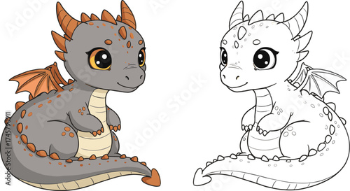  Cute cartoon baby dragon with grey skin, orange horns and wings, sitting down with big eyes, vector illustration for kids, fantasy, magic, isolated

