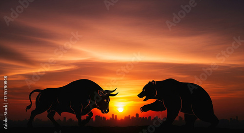 Bull and Bear Silhouettes Facing at Sunrise Over City Skyline
