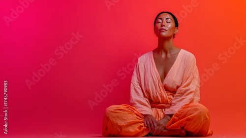 Woman in Peach Robe Meditating against Red Orange Gradient