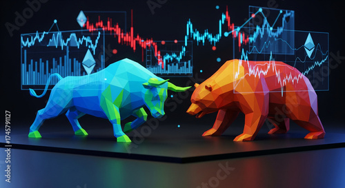 Low-Poly Bull and Bear with Holographic Market Graphs