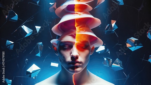 Male Head Split By Fiery Core And Surrounded By Floating Glass Fragments. Surreal Concept Of Mind And Identity