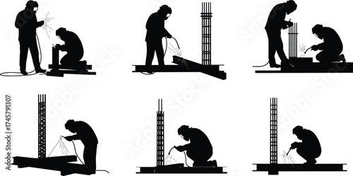 Welder workers in protective gear welding steel beams and rebar at construction site, silhouette icons showing metal fabrication, safety, sparks