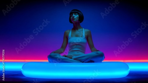 Woman Meditating on Glowing Blue Cushion with Neon Gradient Background