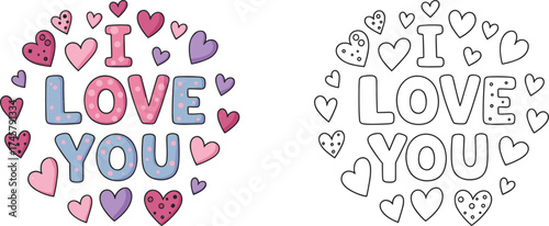 Wallpaper Mural Cute I Love You text with polka dot letters surrounded by a circle of various hearts, vector illustration for romance, valentines, love, greeting, coloring book

 Torontodigital.ca