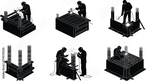 Welder working on steel rebar and structural framework at construction site, isometric silhouette icons showing metal fabrication, safety gear, sparks