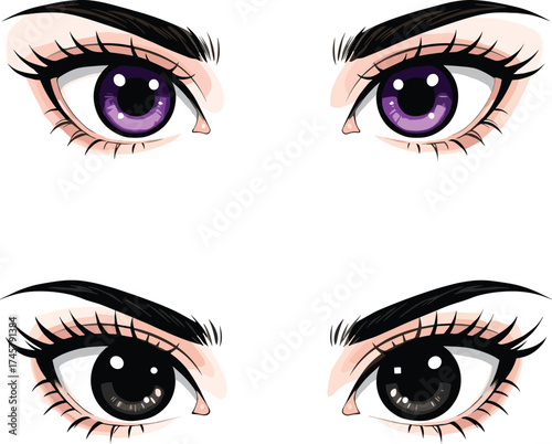 Set of four beautiful intense female eyes with long lashes and arched eyebrows, featuring purple and brown irises, beauty, makeup, stare, anger, isolated

