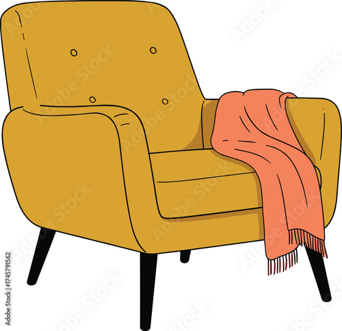 Yellow armchair with pink blanket, modern furniture vector illustration for living room, home interior design, minimalist and cozy decor