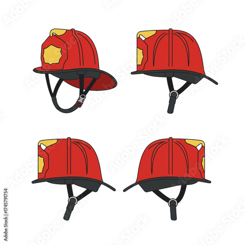 Set of four firefighter helmets depicted from different angles, showcasing a protective headgear design