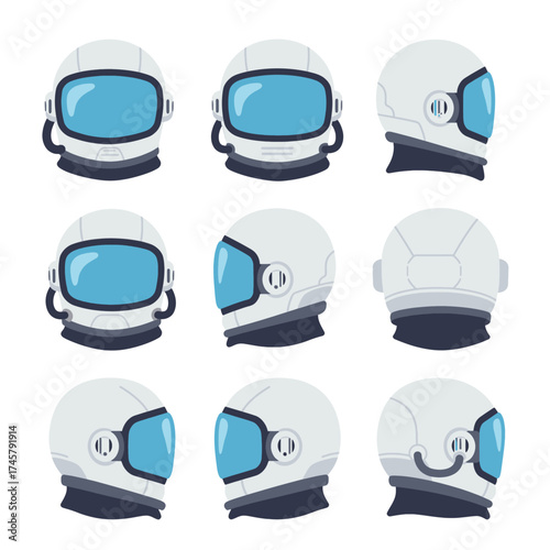 Set of astronaut helmet illustrations in different views, showcasing futuristic space exploration gear and advanced design elements for cosmic adventures