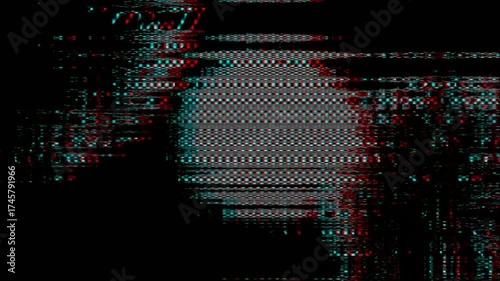Glitchy digital distortion with red and cyan pixel noise on black background. Perfect for cyberpunk visuals, music videos, or tech-themed motion graphics.