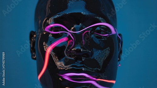 Dark Glossy Mannequin Head With Neon Light Streaks On Blue Background. Futuristic Portrait With Techno Aesthetics And LED Effects
