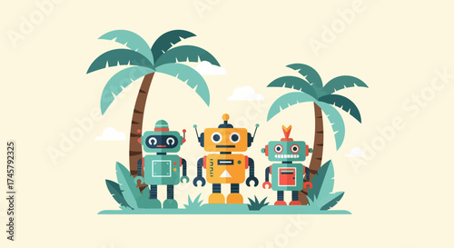 A friendly group of three colorful vintage robots illustration.