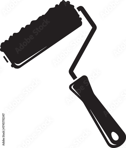 Black silhouette paint roller with textured surface and ergonomic handle, painting tool icon.