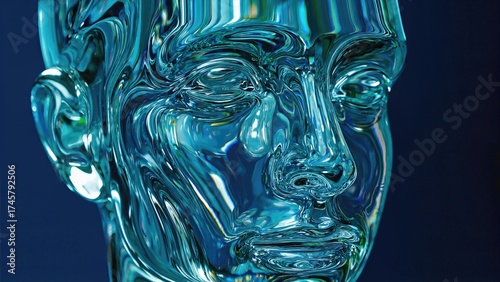 Glass Face Sculpture With Fluid Reflections. Abstract Technological Expression In Digital Blue Tones