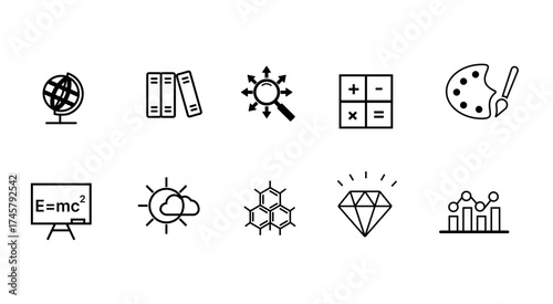 Minimal white line science icon set for education, research, laboratory, and technology concepts on black background