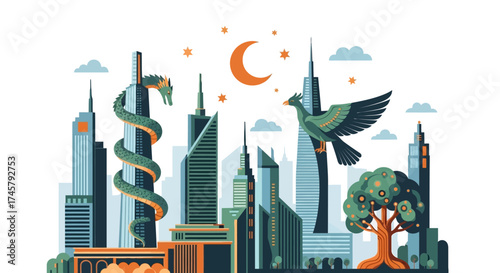 A stylized city skyline with a serpent and a bird.