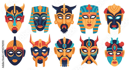 A vibrant collection of stylized ancient cultural masks.